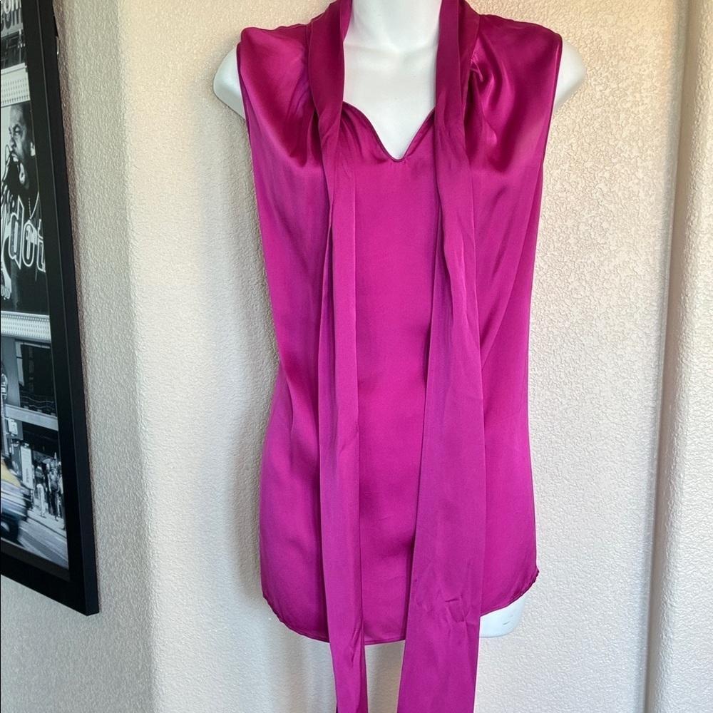 Jones New York's blouse womens 14, hot pink, Sleeveless, Long Neck Ties. EUC - Picture 3 of 17